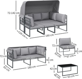 Outsunny Zestaw mebli zewnętrznych, sofa 3-osobowa z baldachimem, 2 krzesła, stolik kawowy z blatem szklanym, 12 poduszek, stalowa rama, Szary