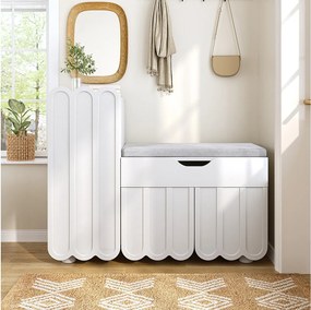 Nowoczesna szafka na buty - 90 x 35 x 74,5 cm - z 3 drzwiami + 1 szufladą + poduszka na siedzisko - MDF - biała