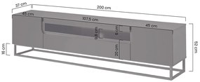 Szafka RTV Loftia 200 cm z wnęką i metalowym stelażem - czarny / czarny mat