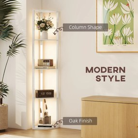 HOMCOM Lampa stojąca LED, regał narożny, ściemnialna, 4 półki, ciepłe światło, 41x30x164 cm, dąb
