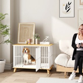 PawHut Klatka dla psa z drzwiami z zamkiem, zdejmowana poduszka, dobra wentylacja, Stal, 86x60x70 cm, Biały+Dąb