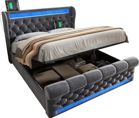 Łóżko skrzynia tapicerowane 160x200cm - z LED - z portami USB i Type-C - Welur - Szary