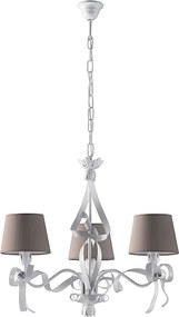 Lucy – biały lakierowany żyrandol z żelaza, dekor shabby chic, klosze PVC w kolorze gołębioszarym Ø16 cm, elegancki styl, 3 światła