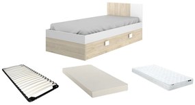 Wysuwane łóżko 2 × 90 × 190 cm – MDF – Kolor: Naturalny i biały + materac + stelaż- SONIA