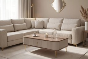 Stolik kawowy z szufladą Vesper 103x60 cm - kaszmir / orzech / złote nogi