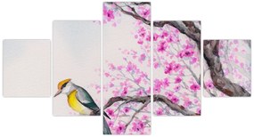Obraz - ptak na drzewie z różowymi kwiatami (125x70 cm)