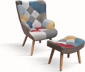 Wielokolorowy fotel z tkaniny patchworkowej, drewniane nogi, z podnóżkiem - HAVANA