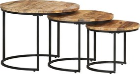Zestaw 3 okrągłych stolików z surowego drewna mango - nowoczesny design, naturalne wykończenie, oszczędność miejsca
