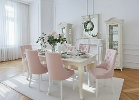 Lewostronna szklana witryna do salonu Gloria ecru, w stylu francuskim. Ozdobne fronty, szuflady, szklane półki. Meble La Perle.