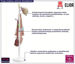 Biały wieszak stojący z kolorowymi haczykami M6-M68