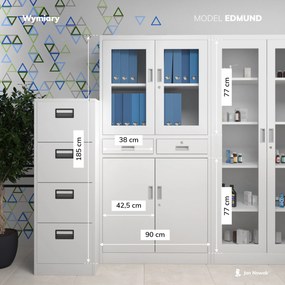 Biurowa przeszklona szafa metalowa na akta z szufladami EDMUND, 900 x 1850 x 400 mm, szara