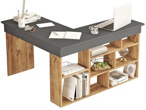 Biurko narożne ze schowkami - Kolor: Antracytowy i naturalny - LILEUL