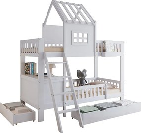 Łóżko piętrowe dla dzieci 90×200 cm - z biurkiem - 2 szuflady - z daszkiem i oknami - Drewno lite + MDF - białe (bez materaca)