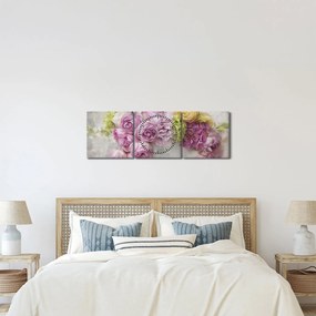 Obraz - Kwiaty na ścianie w pastelowych kolorach (z zegarem) (90x30 cm)