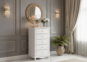 Elegancka biała komoda do sypialni Camilla. 5 szuflad, ozdobny gzyms,. Stylowe białe meble do sypialni i salonu Victoria.