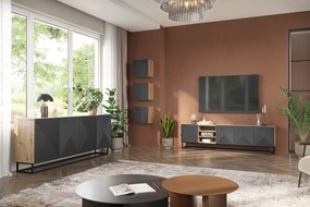 Szafka RTV Asha 200 cm z ryflowanym frontem, wnękami i metalowym stelażem - artisan / rivier stone mat