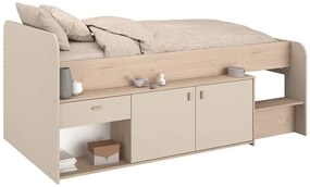 Łóżko podwyższone  90 x 190/200 cm z skrzynią  – Beżowy i naturalny + Stelaż + Materac - LUNOBI