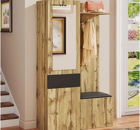 Zestaw przedpokojowy 98.5×38×191 cm - z wieszakiem i szafką na buty - haczyki i 1 lustro - naturalny + czarny