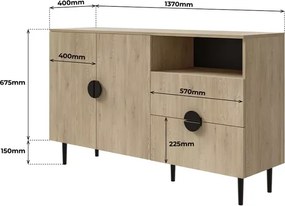 Komoda Choos – nowoczesna komoda z 2 szafkami, 2 szufladami i 1 półką otwartą w kolorze dąb cremona