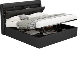 Łóżko 180x200 cm - z ekoskóry - wezgłowie z miejscem do przechowywania - Czarne