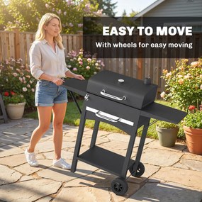 Outsunny Grill węglowy z pokrywą, BBQ Smoker z 2 bocznymi stolikami, dużą powierzchnią grillową, rusztem, termometrem i kółkami | Aosom PL