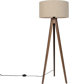 Nowoczesna lampa podłogowa drewno orzechowe z beżowym abażurem bouclé 50cm - Tripod Classic