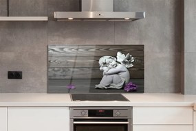 Szklany Panel Aniołek wśród Kwiatów na Drewnie