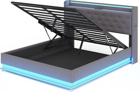 Łóżko 160x200 cm z pojemnikiem - Łóżko dla dorosłych z oświetleniem LED i ładowaniem USB - szary len - bez materaca