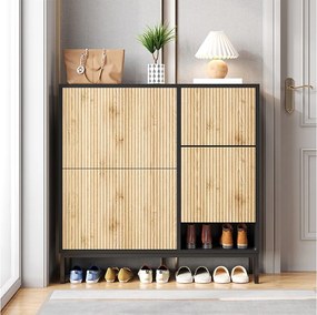 Szafka na buty z 4 drzwiami i przewijakiem - 105 x 25 x 115,5 cm - MDF - Czarny połysk