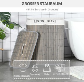 HOMCOM 100L Kosz na pranie z 3 uchwytami, z pralnym workiem na pranie, Bambus, Poliester, Bawełna, Metal, 52 x 32 x 63 cm, Szary