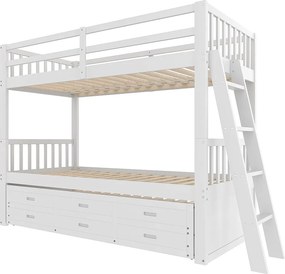 Łóżko piętrowe 90x200cm - z łóżkiem wysuwanym i 3 szufladami - z litego drewna sosnowego i MDF - Białe