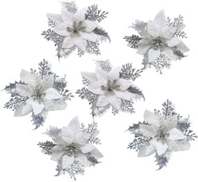 Świąteczna dekoracja Poinsettia z srebrnym klipsem, zestaw 6 szt.