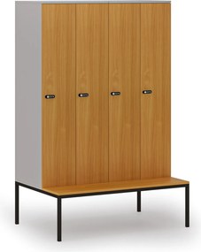 Drewniana szafa ubraniowa S4 z ławką, 4-drzwiowa, 1871 x 1200 x 500/800 mm, demontaż, zamek mechaniczny z kodem, szary/buk