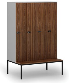 Drewniana szafa ubraniowa S4 z ławką, 4-drzwiowa, 1871 x 1200 x 500/800 mm, demontaż, zamek mechaniczny z kodem, szary/orzech