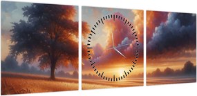 Obraz – Zachód słońca na polu (z zegarem) (90x30 cm)