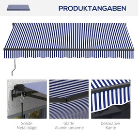 Outsunny Markiza przeciwsłoneczna Markiza Tarasowa, w tym Korba Ręczna, odporna na warunki atmosferyczne, 247 cm x 295 cm, Niebieski + Biały