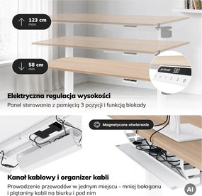 Biurko elektryczne z regulacją wysokości ergonomiczne białe/dąb sonoma,1600x800 mm: ARIA