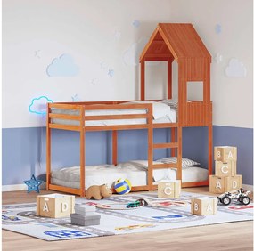 Łóżko piętrowe dla dzieci z dachem z litego drewna sosnowego w brązowym wosku 75x190 cm - Bezpieczeństwo, zabawa i kompaktowy design
