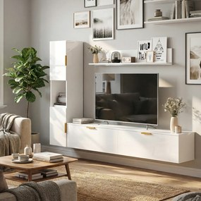 HOMCOM Wiszące RTV z uchylnymi drzwiczkami Centrum rozrywki półka ścienna szafka 180 cm biały wysoki połysk | Aosom PL