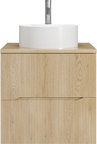 Szafka łazienkowa wisząca prążkowana z okrągłą umywalką nablatową i baterią – Jasny naturalny – 60 cm – ORISO