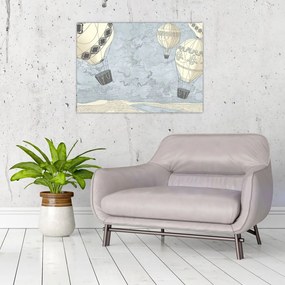 Obraz na szkle - Balony nad miastem, zimne odcienie (70x50 cm)