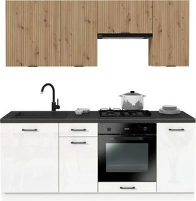 Zestaw Mebli Kuchennych MODERN 200 cm Dąb/Biały Połysk Ryflowany Nowoczesny