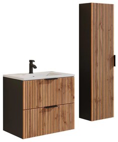 Szafka łazienkowa wisząca  ryflowana z umywalką wpuszczaną w blat i słupkiem - Naturalny jasny i czarny - 60 cm - MADELA