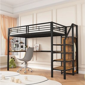 Łóżko piętrowe 90 x 200 cm z biurkiem narożnym i szafą - żelazo + płyta wiórowa - czarny + naturalny