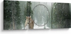 Obraz lamparta na śniegu (z zegarem) (90x30 cm)