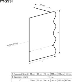 Ścianka prysznicowa Walk in fix szkło grafitowe falowane 8mm MOLIS Wave Grafit MASSI | Różne rozmiary : Kolor profili kabiny - złoty, Szerokość ścianki - 80 cm, Typ montażu - WALK in FIX (Do ściany)