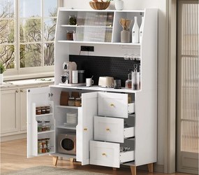 Nowoczesny bufet kuchenny 120x40x184cm - z gniazdkiem i uchwytami do kieliszków do wina - z 3 szufladami i 5 drzwiami - Biały