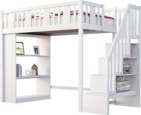 Łóżko typu mezzanine 90x200cm - ze schodami do przechowywania - z komorami do przechowywania - białe (materac nie wliczony)