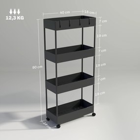 HOMCOM Wózek kuchenny z 4 półkami, 4 elastycznymi hakami, 4 kółkami, 40 cm x 19 cm x 90 cm, Wózek do niewielkich przestrzeni, Czarny