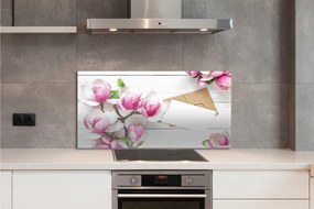 Panel Kuchenny Szklany Magnolia na Rustykalnym Drewnie